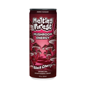 Can of Melting Forest Mushroom Energy drink with pink-red gradient background and mushroom illustrations; reads 'Zero Sugar' at the top and 'Melting Forest Mushroom Energy' on the label.