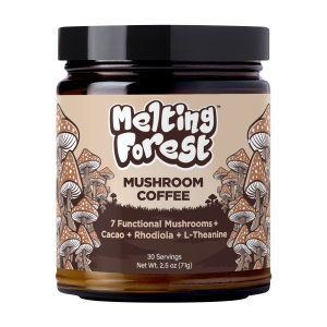 Jar of chocolate-brown mushroom coffee with beige label reading 'Mushroom Coffee' and illustrated mushrooms around the border, 7 functional mushrooms listed below.