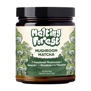 Brown glass jar with black lid; label features green mushroom illustrations and the product name Melting Forest Mushroom Matcha, with serving details visible in small print.